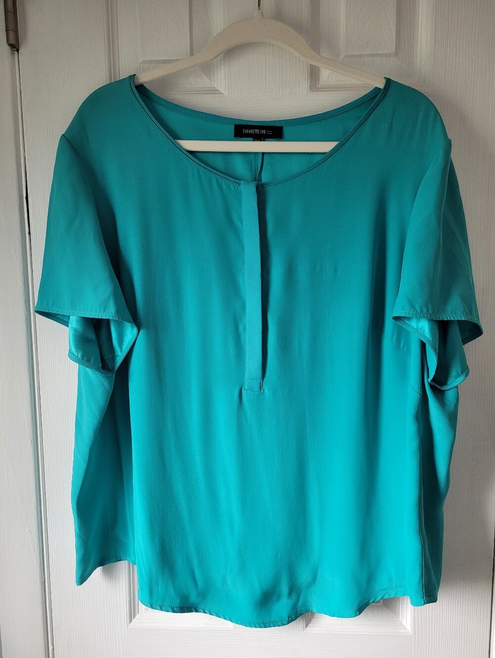 Lafayette 148 New York Silk Blouse Turquoise 18W Short Sleeve Luxury